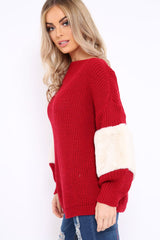 Red Chunky Knit Fur Sleeve Jumper - Kimberly-Knitwear