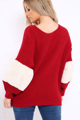 Red Chunky Knit Fur Sleeve Jumper - Kimberly-Knitwear