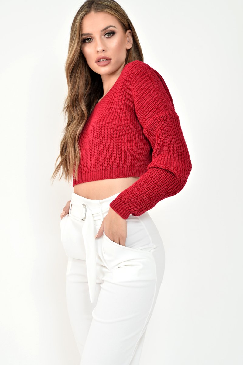 Red Chunky Knit V Back Crop Jumper - Priscilla-Jumper