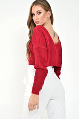 Red Chunky Knit V Back Crop Jumper - Priscilla-Jumper