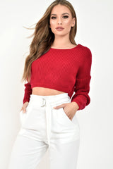 Red Chunky Knit V Back Crop Jumper - Priscilla-Jumper