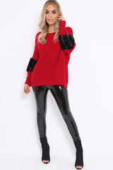Red Chunky Knit With Black Fur Sleeve Jumper - Kimberly-Jumper