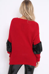 Red Chunky Knit With Black Fur Sleeve Jumper - Kimberly-Jumper