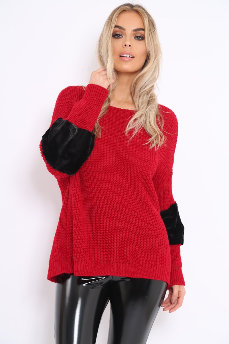 Red Chunky Knit With Black Fur Sleeve Jumper - Kimberly-Jumper