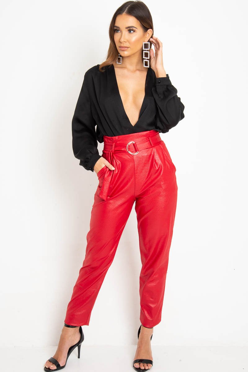 Red Coated Belted Tapered Trousers - Reyna-Trousers