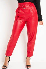 Red Coated Belted Tapered Trousers - Reyna-Trousers