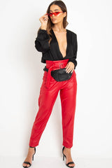 Red Coated Belted Tapered Trousers - Reyna-Trousers