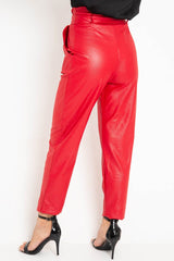 Red Coated Belted Tapered Trousers - Reyna-Trousers