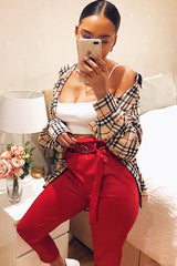 Red Coated Belted Tapered Trousers - Reyna-Trousers