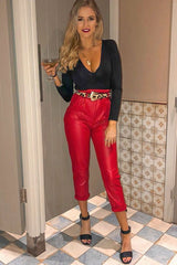 Red Coated Belted Tapered Trousers - Reyna-Trousers