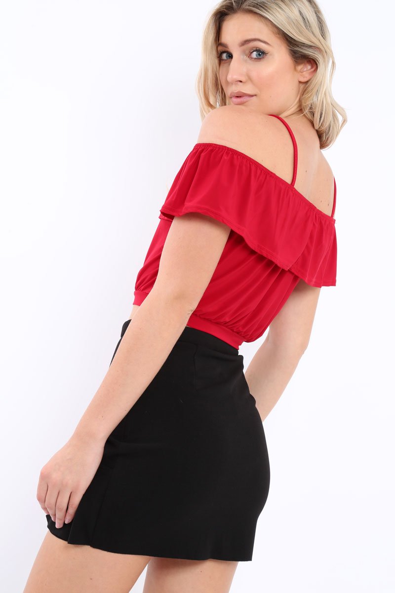 Red Cold Shoulder Crop Top - Clora-Tops