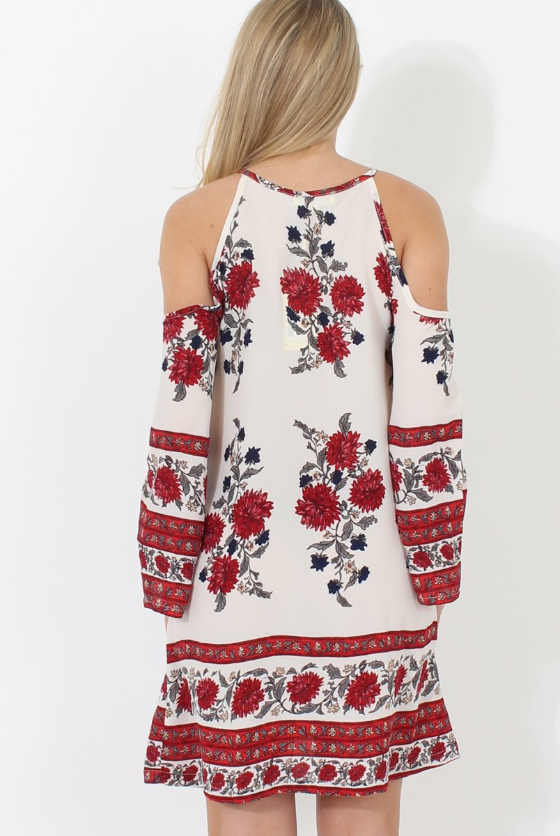 Red Cold Shoulder Dress - Nancy-Dresses