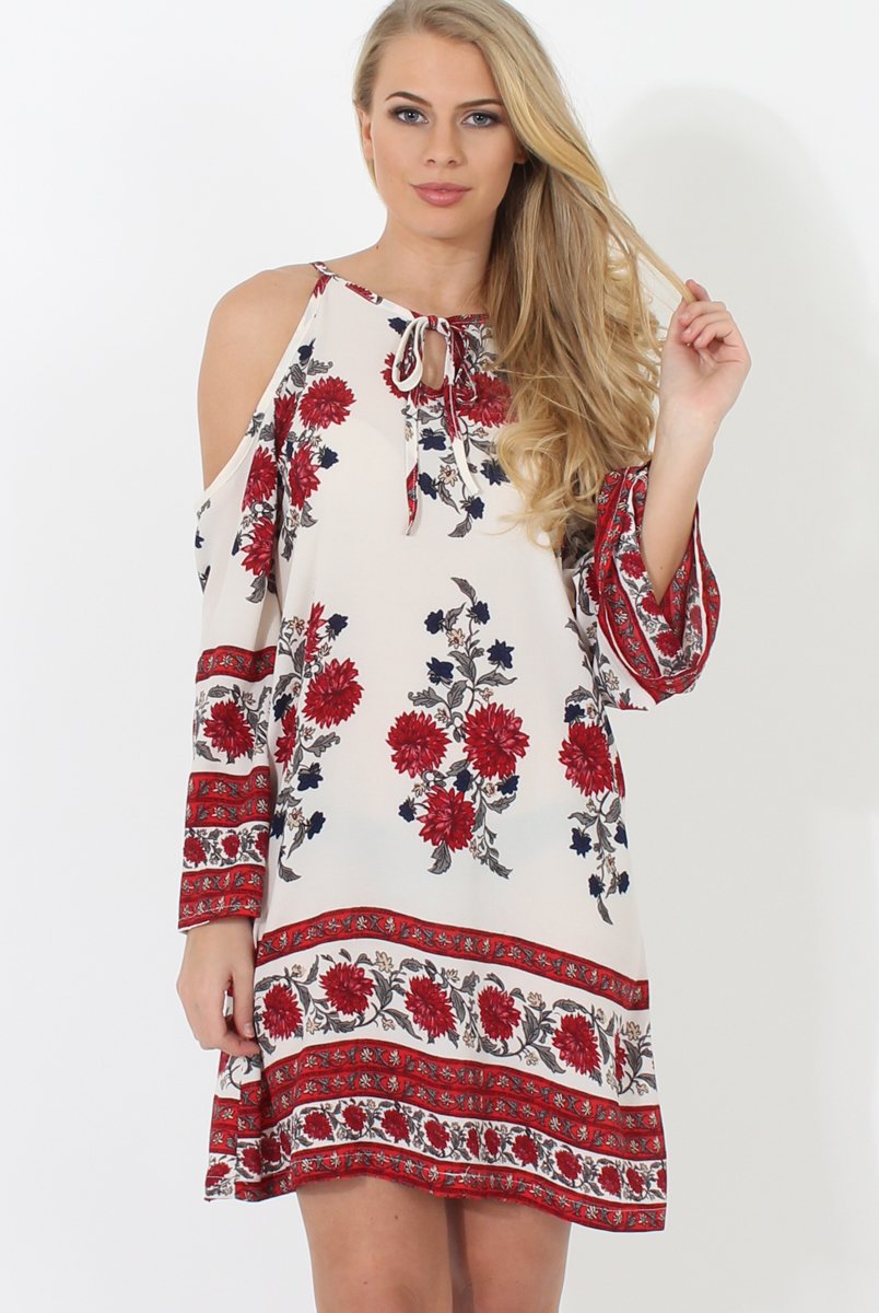 Red Cold Shoulder Dress - Nancy-Dresses