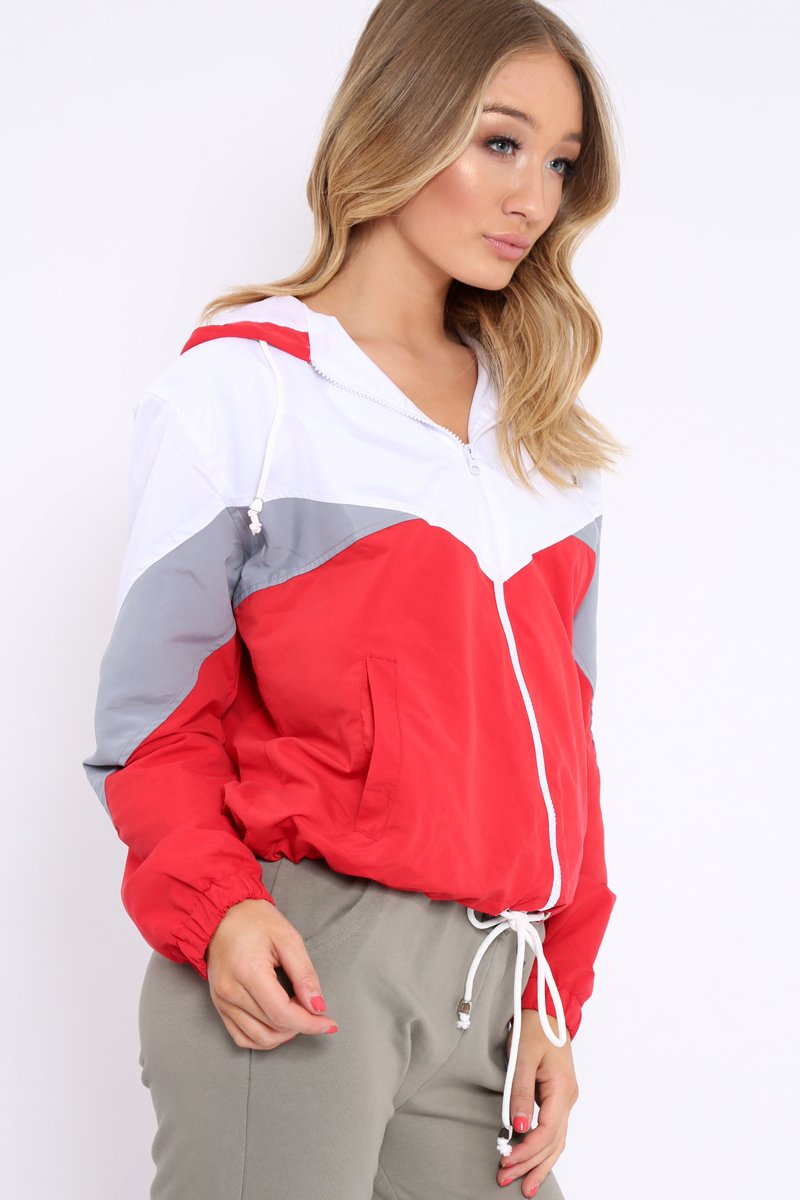 Red Colour Block Windbreaker Jacket - Karina-Jackets