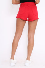 Red Coloured Distressed Denim Shorts - Khiya-Shorts
