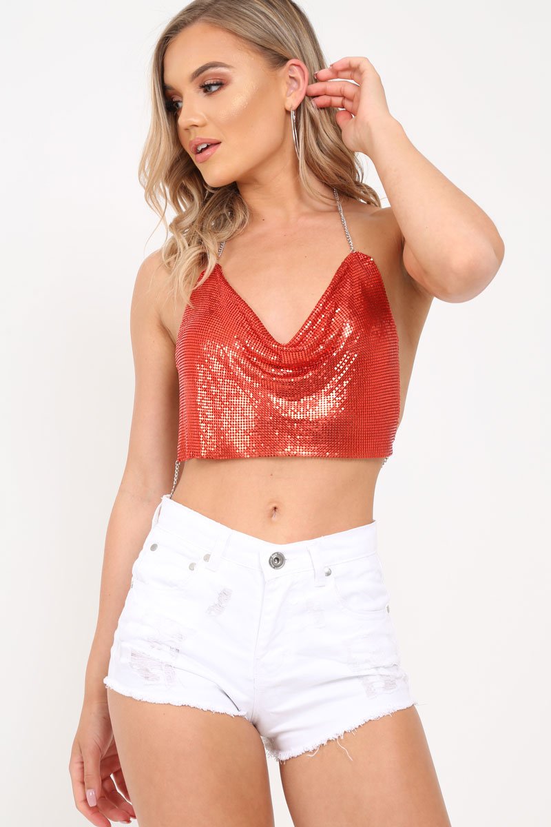 Red Cowl Neck Chainmail Top - Shirel-Jewellery