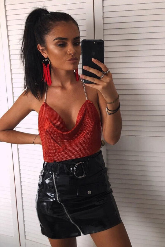 Red Cowl Neck Chainmail Top - Shirel