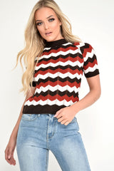 Red Cream Brown Chevron Knit Top - Rosaleah-Knitwear
