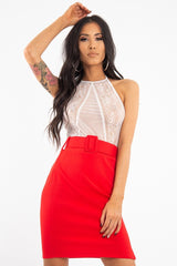 Red Crepe Belted Bodycon Mini Skirt - Raven-Skirts
