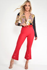 Red Cropped Bell Button Bottom Trousers - Daisie-Trousers