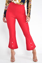Red Cropped Bell Button Bottom Trousers - Daisie-Trousers