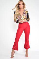 Red Cropped Bell Button Bottom Trousers - Daisie-Trousers