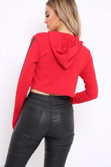 Red Cropped Hoodie with Striped Trim - Essie-Hoodies