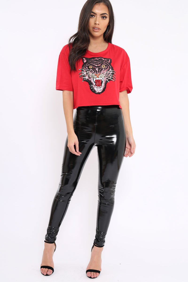Red Cropped Tee with Applique Sequin Tiger - Avery-Tops