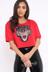 Red Cropped Tee with Applique Sequin Tiger - Avery-Tops
