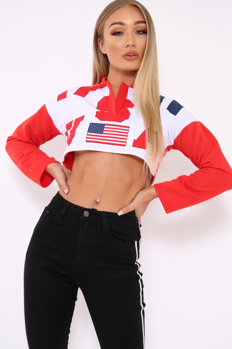 Red Cropped USA Rugby Shirt - Devani-Shirts