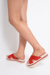 Red Cross Over Flatform Sliders - Vana-Sliders