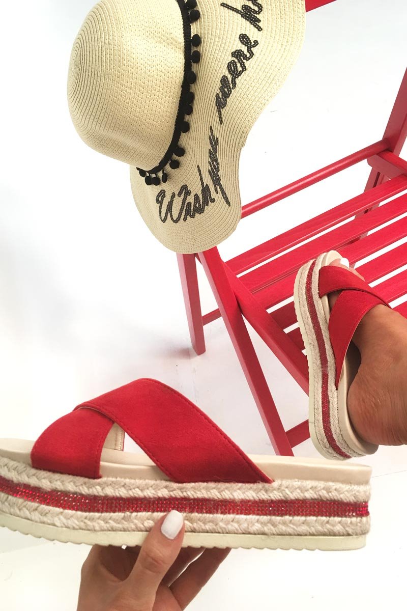 Red Cross Over Flatform Sliders - Vana-Sliders