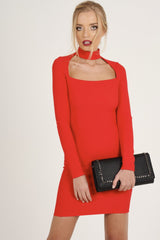 Red Cut Out Choker Bodycon Dress - Tink-Dresses