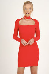 Red Cut Out Choker Bodycon Dress - Tink-Dresses