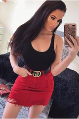 Red Denim Extreme Ripped Skirt - Jeanie-Skirts