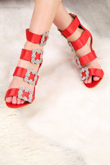 Red Diamante Brooch Satin Heels - Rosabelle-Heels
