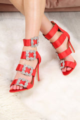 Red Diamante Brooch Satin Heels - Rosabelle-Heels