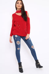 Red Distressed Pearl Chunky Knit Jumper - Narla-Jumper