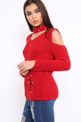 Red Distressed Pearl Chunky Knit Jumper - Narla-Jumper