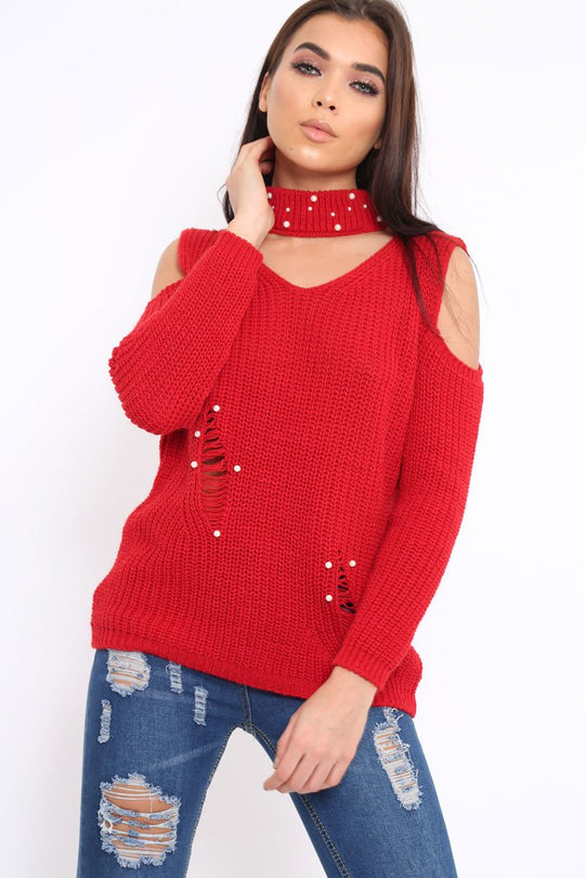 Red Distressed Pearl Chunky Knit Jumper - Narla