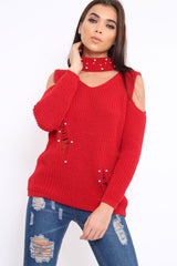 Red Distressed Pearl Chunky Knit Jumper - Narla-Jumper