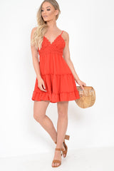 Red Embroidered Tiered Baby Doll Dress - Rowen-Dresses