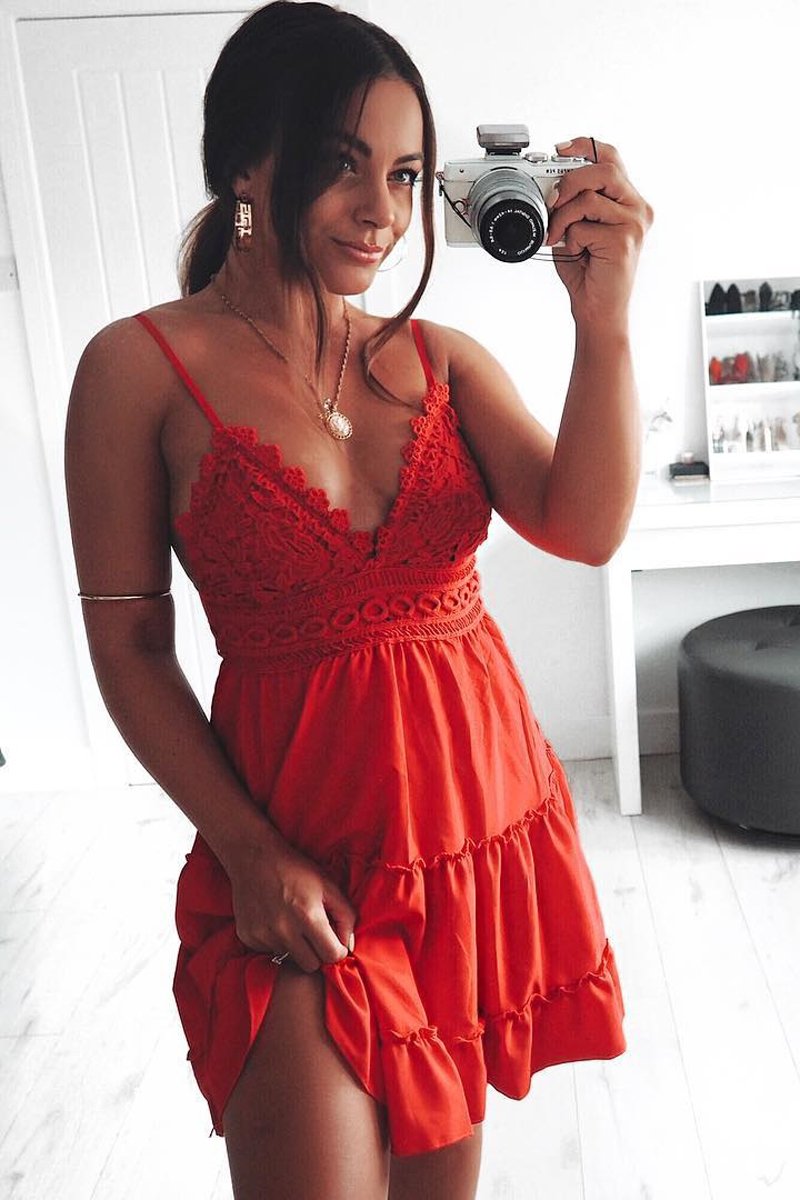 Red Embroidered Tiered Baby Doll Dress - Rowen-Dresses