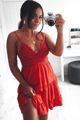 Red Embroidered Tiered Baby Doll Dress - Rowen-Dresses