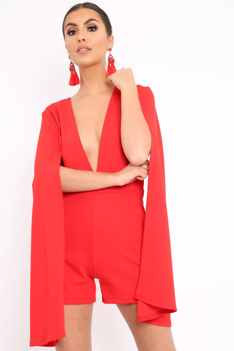 Red Extreme Plunge Cape Playsuit - Haylo-Playsuits