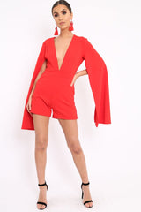 Red Extreme Plunge Cape Playsuit - Haylo-Playsuits