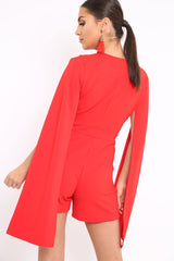 Red Extreme Plunge Cape Playsuit - Haylo-Playsuits