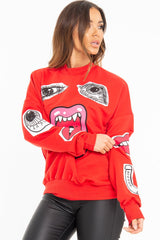 Red Eyes Lips Printed Sweatshirt - Beckie-Sweatshirts