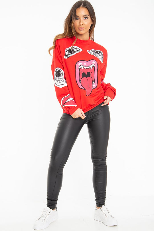 Red Eyes Lips Printed Sweatshirt - Beckie