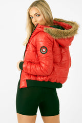 Red Faux Fur Hooded Puffer Coat - Kamorah-Coats